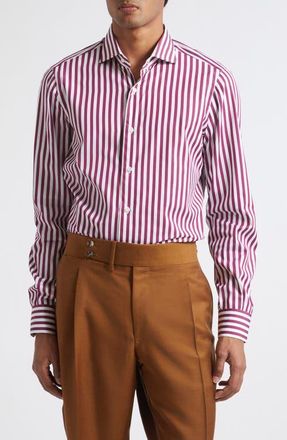 Isaia Rigato Stripe Poplin Button-Up Shirt in White/purple at Nordstrom, Size 44
