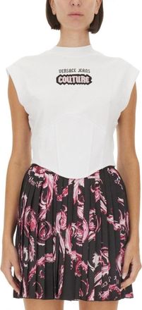 Versace Jeans Couture White Top With Logo And Cap Sleeves