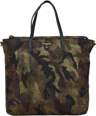 Prada Black Khaki Nylon Leather Tote Bag (Pre-Owned)