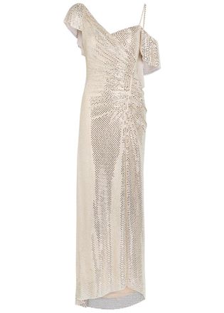 Self Portrait Crystal-embellished Asymmetric Stretch-tulle Maxi Dress - Cream - 10 (UK10 / S)