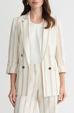 Kasper Stripe Roll Sleeve Open Front Blazer in Vanilla Ice/Toasted White at Nordstrom, Size Medium P