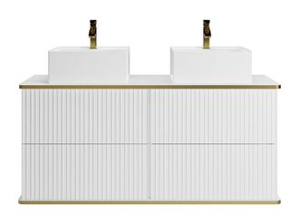 Vente-Unique Mobile per bagno sospeso con scanalature con profilo Dorato e lavabo doppio da appoggio 120 cm Bianco - KELIZA