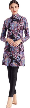 Generic S-4XL Modest Swimwear for Muslim Women 3pcs Burkini Femme Vintage Royal Floral Printed Full Covered Swimsuit Long Sleeve and Long Panty with Hijab (UK