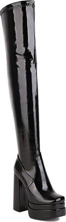 Generic Womens Patent Leather Thigh High Boots Square Toe Over The Knee Boots with Side Zipper Block Heel Platform Long Boot,Black,4.5 UK