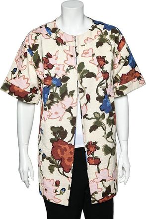 M Missoni Cream Watercolor Floral Printed Canvas Hook Front Long Jacket