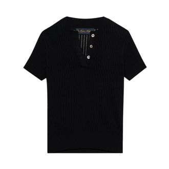 Brooks Brothers Pointelle Viscose Henley Knit Polo - Dames - V-hals truien - Zwart - L - Truien & Vesten