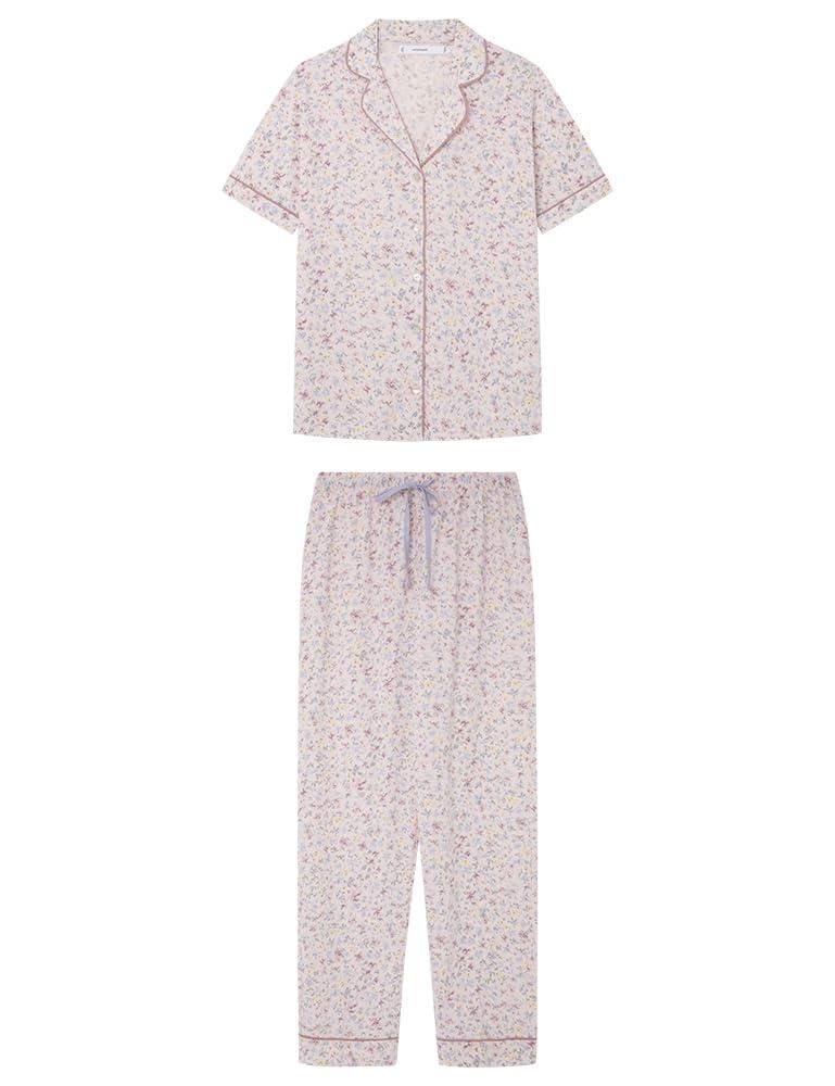 Women'secret Damen-Schlafanzug – 100% Baumwolle, Kurzarm-Shirt & Shorts, Mit Palmenstickerei