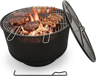 Relaxdays Brasero Relaxdays, &Oslash; 61 Cm, Con Parrilla, Protector De Chispas Y Atizador, 3 En 1 Para Jard&iacute;n, Negro