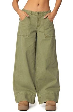 Edikted Vivienne Low Rise Baggy Twill Pants in Olive at Nordstrom, Size Small