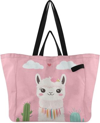Generic Llama Cactus Heart Pink print Reusable Canvas Tote Bag, Heavy Duty Grocery Shopping Bag with Double Handles Hard Bottom Large Capacity Work Groceries 