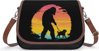 Generic Bigfoot Walking with French Bulldog Crossbody Bags for Women Fashion Leather Shoulder Handbags With Adjustable Strap