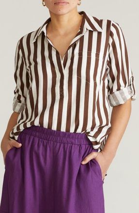 Universal Standard Button Back Linen Blend Polo in Peppercorn Stripe at Nordstrom, Size Xs