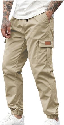 Generic Cargo Trousers Men Elasticated Cuffed Work Trousers Solid Color Breathable Sweatpants Regular Fit Cargo Pants with Pockets Joggers Outdoor Work Joggin