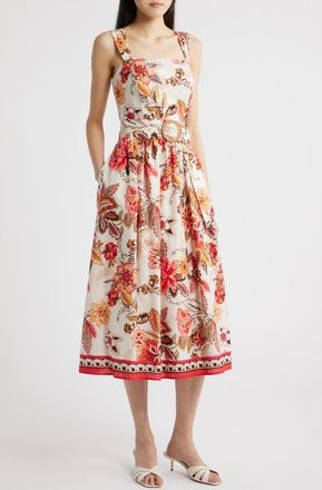 Eliza J Floral Print Midi Sundress in Almond Khaki/Red at Nordstrom, Size 10