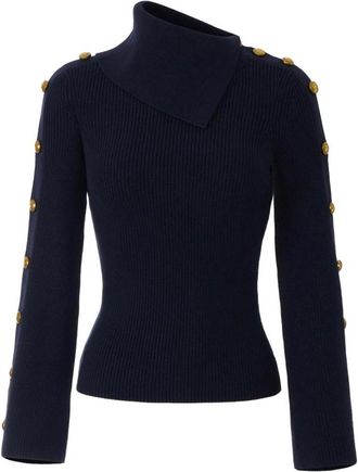 Elisabetta Franchi Gebreide Pullover met Juwelen Knopen - Dames - Coltruien - Blauw - L - Polyester - Truien & Vesten