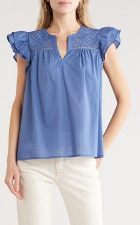 Melrose and Market Short Sleeve Eyelet Top in Blue Fjord at Nordstrom Rack, Size Xx-Small