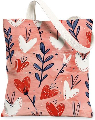 Generic Floral Hearts Canvas Tote Bags, Plant Pattern Reusable Grocery Bags, Spring Vintage Handmade Lightweight Washable Canvas Fo, Peach, 13x15 Inch