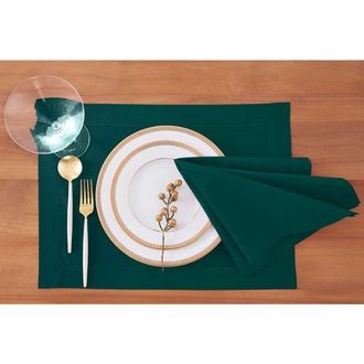 Solino Home Cotton Linen Hemstitch Placemats Set of 4, 14 x 19 Inch for Dining Table, Holiday and Everyday Table Decor in Dark Green at Nordstrom