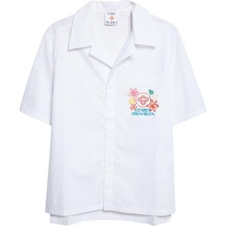 Casablanca Graphic Icons Embroidered Cotton Camp Shirt in Plain Shirting at Nordstrom, Size X-Large