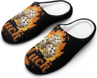 Generic Flaming Dice Luck Mens Warm Slippers Non-Slip Sole Winter Rubber Cotton Shoes for Bedroom