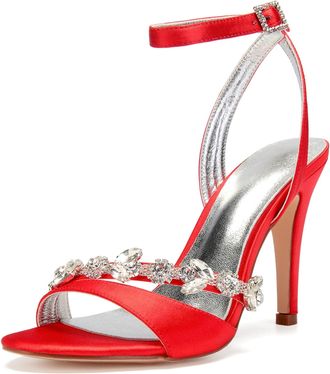 Generic Wedding Bridal Shoes Womens Heels Ankle Strap High Heels Prom Party Dress Heeled Open Toe Bridal Stiletto Sandals 10.5Cm,red,9 UK