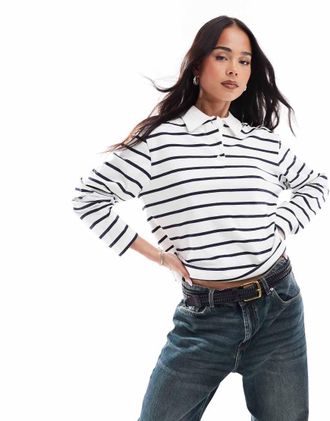 Only stripe long sleeve polo in white & navy