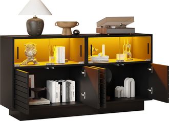 STILVORA Aparador Con 4 Puertas Correderas De Vidrio Y Led, Estilo Industrial Moderno, En Tablero De Part&iacute;culas, 130&times;35&times;68 Cm, Negro