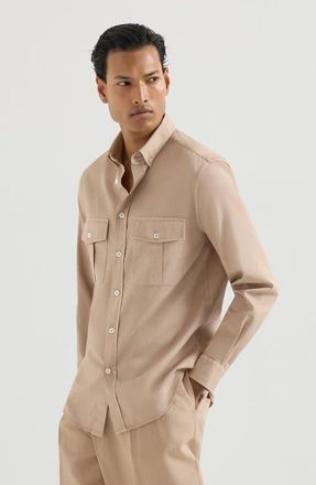 Brunello Cucinelli Garment-dyed shirt in cotton twill with chest pockets and button-down collar in Tobacco at Nordstrom, Size Xx-Small