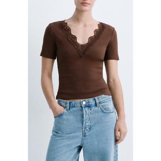 Mango Lace Trim Rib Knit Crop Top in Brown at Nordstrom, Size X-Small