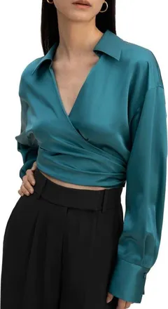 LilySilk Pure Silk Blouse Wrapover Cropped Shirt in Adriatic Blue at Nordstrom, Size Xx-Large