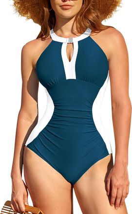 SHEKINI Womens One Piece Swimsuit Crisscross Back Ruched Tummy Control Swimming Costume Color Block Slimming Swimwear, Blue-Green & White, XX-Large
