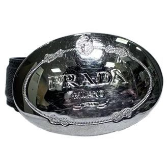 Prada Pre-owned Womens Oval Engraved Logo Belt in Black Saffiano Leather Calf Leather - One Size