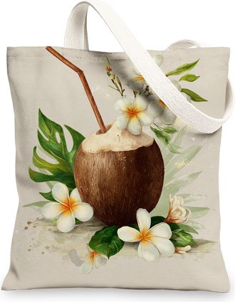 Generic Coconut Floral Canvas Tote Bag, Vintage Reusable Shopping Bags, Linen Lightweight Cream Shoulder Strap Bags 13x15 Inch