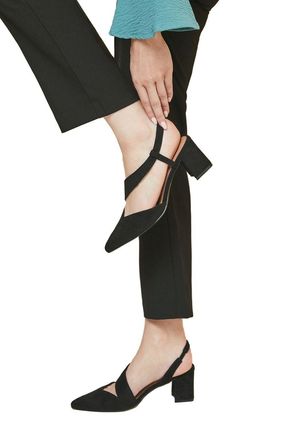 Wallis Wide Fit Eve Asymmetric Strap Block Heel Pointed Court Shoes, 6, Natural Black