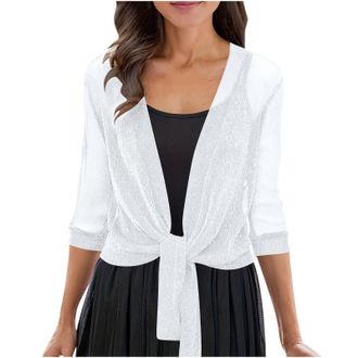 Generic Womens Sparkle Knit Jumpers Cardigan Lightweight Lace Trim Open Front Shrug Wrap with 3/4 Sleeves Tie Front V Neck Cover Up for Dresses Elegant Layeri