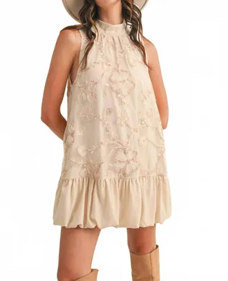 Merci Bubble Hem Embellished Mixed Media Mini Dress In Creamy Pink