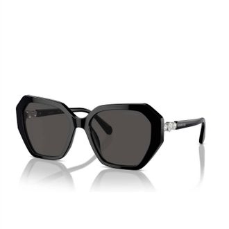 Swarovski Womens Oval With Crystal Embellish Sunglasses In 100187 - Black/ Dark Grey