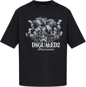 Dsquared2 Tops, Heren, Zwart, M, Katoen, Loose Fit Monkey Business Print Katoenen Jersey T-Shirt