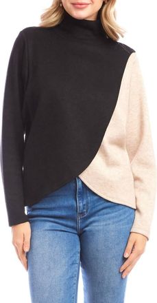Karen Kane Long Sleeve Crossover Colorblock Top In Black/oatmeal