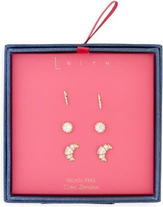 Leith Set of 3 Cubic Zirconia Croissant Stud Earrings in Clear- Gold at Nordstrom Rack