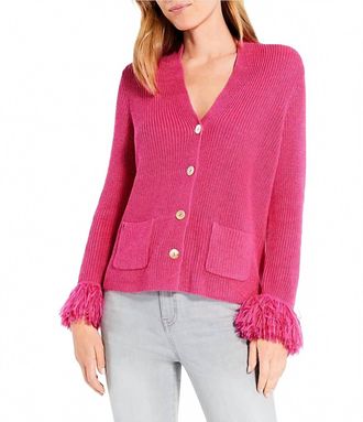 Nic+Zoe Sasha Button Down Sweater Cardigan With Fringe Sleeves - Plus In Shocking Pink