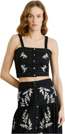 Pepe Jeans London Katoenen Poplin Geborduurde Top - Dames - Tops zonder mouwen - Zwart - M - Katoen - Tops