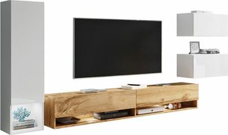 Mirjan24 Mobilier1 - Conjunto De Sal&oacute;n Sarasota 124, Blanco + Blanco Brillante + Roble Wotan