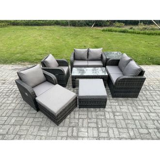 Fimous 8 pcs Garden Furniture set Rattan Outdoor Lounge Sofa Table Chair With Tempered Glass Table Dark Grey Mixed - Fimous