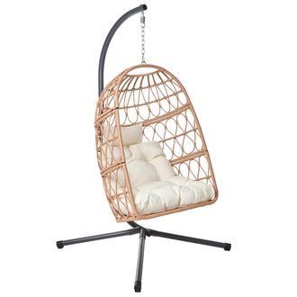 Beliani Sill&oacute;n Colgante Boho De Rat&aacute;n Sint&eacute;tico Cadena Y Soporte De Metal Coj&iacute;n Mullido Silla Natural Montalcino