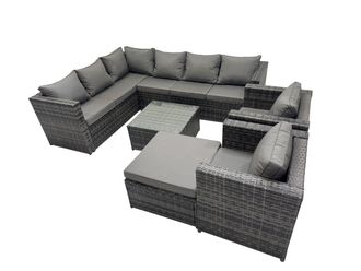 Fimous Patio Furniture Sets with Corner Sofa Square Coffee Table Big Stool in Dark Grey
