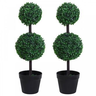OUTSUNNY Set of 2 Artificial Boxwood Plant Trees with Pot - Green | TJ Hughes