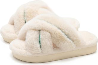 Generic Womens Fuzzy Cross-Band Platform Slides, Winter Warm Memory Foam Slippers, Non-Slip Sole Indoor Outdoor House Shoes,White,7.5 UK