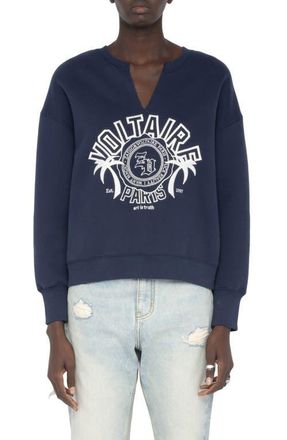 Zadig&Voltaire Olive Split Neck Graphic Sweatshirt in Encre at Nordstrom, Size X-Small