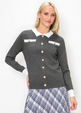YAL New York Grey Collared Sweater with Gold Button Trim